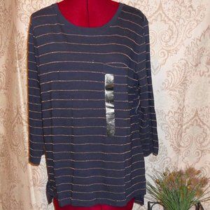 NWT Banana Republic Factory L Malibu Tee Blue w/Gold Metallic Stripe